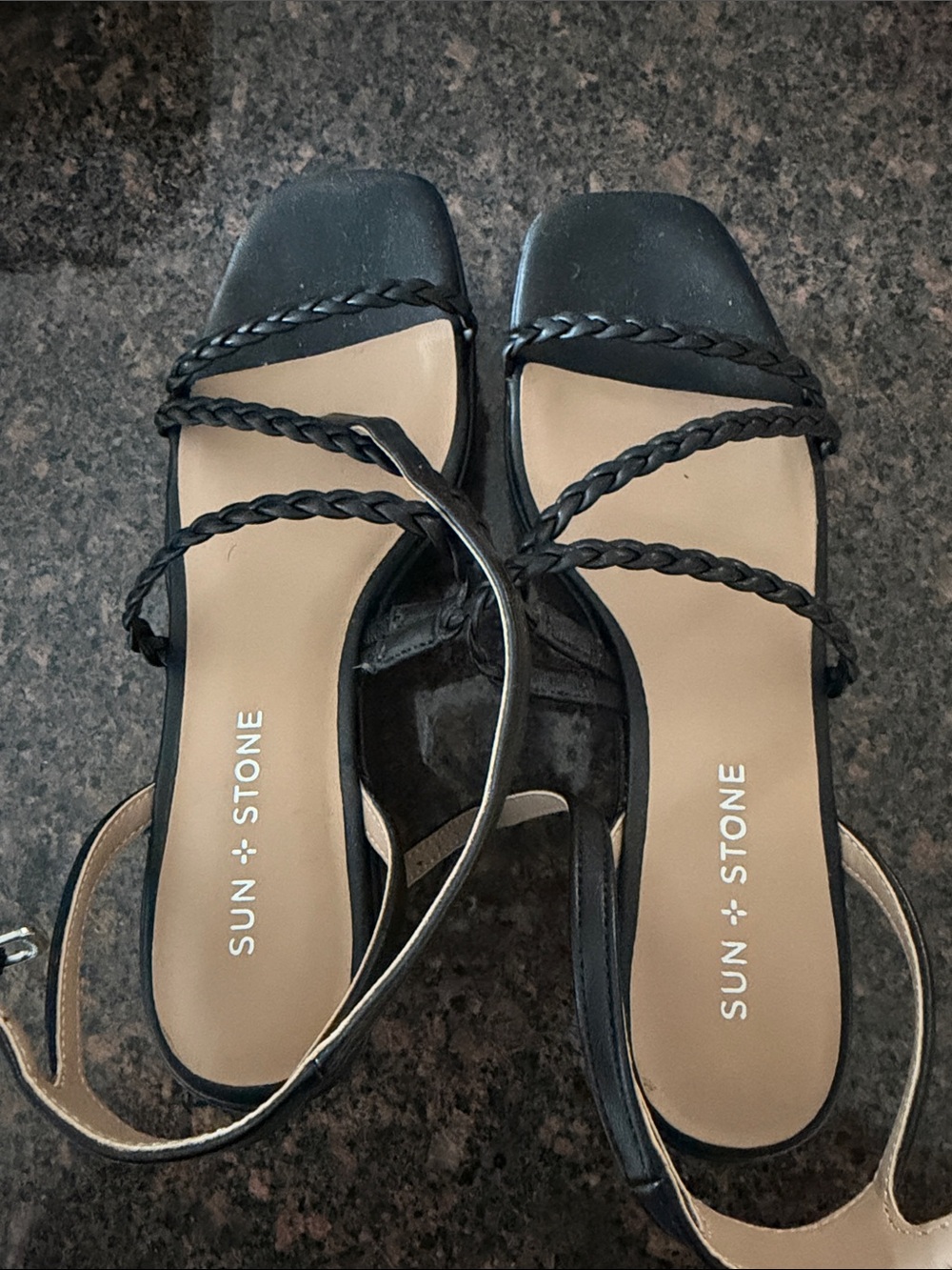 Sun + Stone Black Braided-Strap Square Toe Sandals